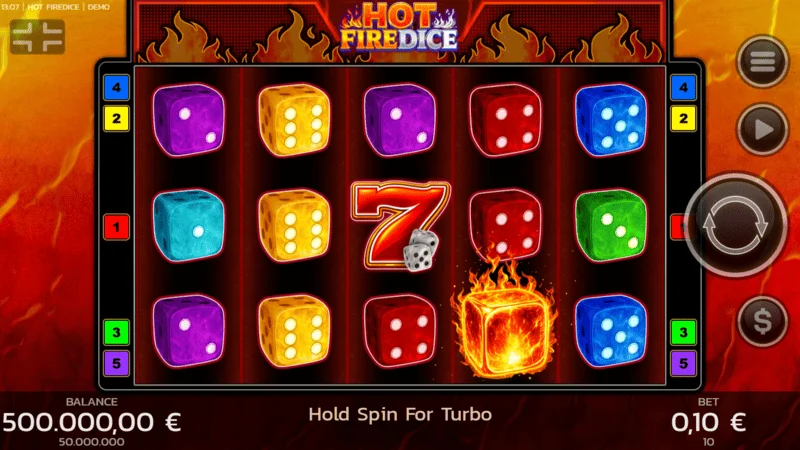 Hot Fire Dice - หน้าจอเกมที่มีเลขเจ็ดที่ลุกเป็นไฟ